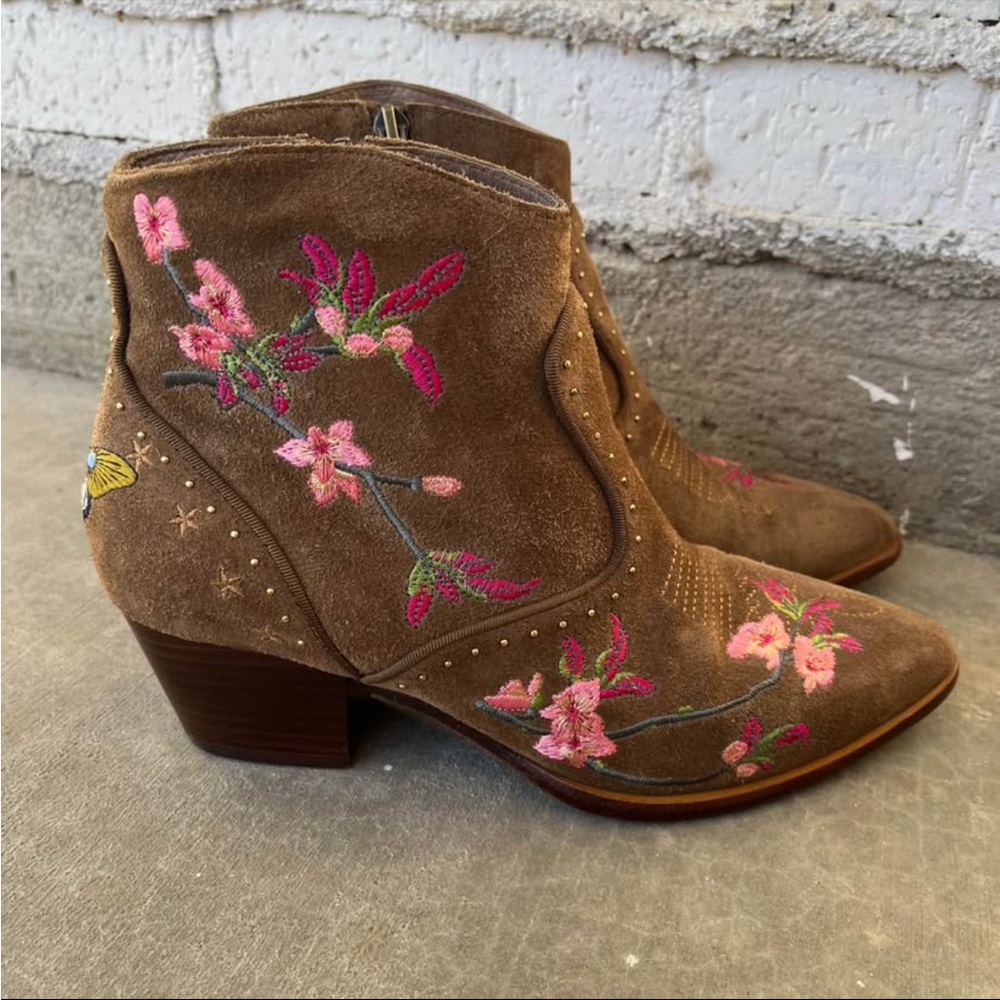 ASH Heidi Suede Embroidered Zip Ankle Booties size 38